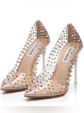 Steve Madden Vala-S Clear Rainbow Spiked Stiletto Heels Nude Pumps Size 8M